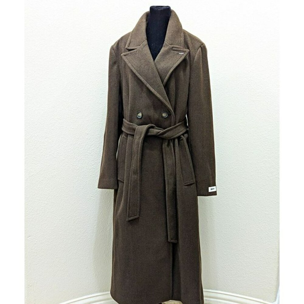 DKNY Women's Notched-Collar Double-Breasted Coat Chocolate Size L (MSRP $350) - Picture 2 of 8